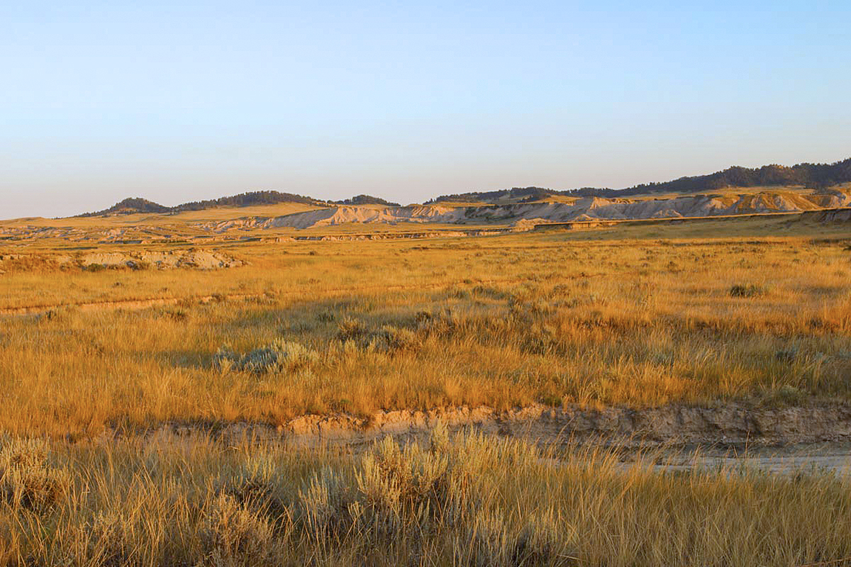 Rich evening light in the fall glows in this grasslands horizon dominated by the forested Pine Ridge northwest of Crawford, Nebraska.