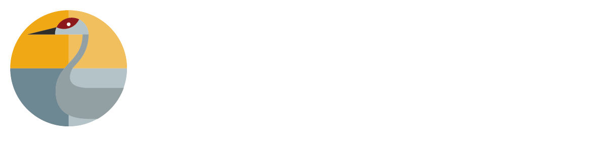 Nebraska Birding Guide logo, a sandhill crane in front of a yellow sky